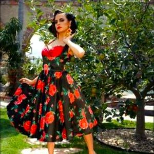 Laura Byrnes Pinup Sweetheart Red Rose Satin Dress Summer Dress